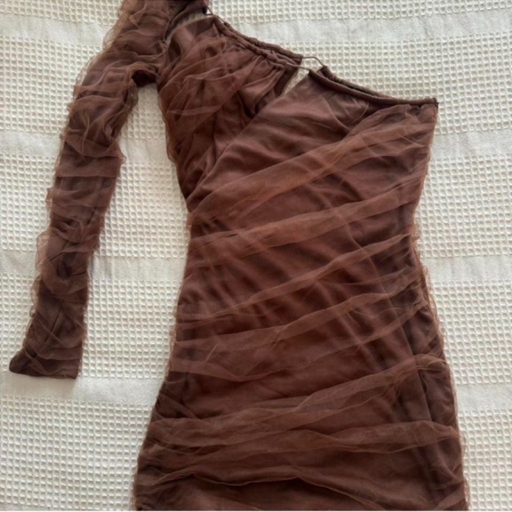 Zara Brown Ruched Long-Sleeve Mini Dress